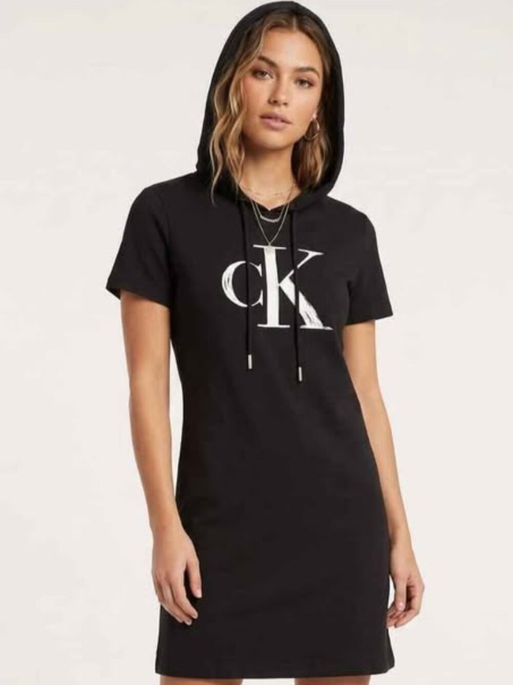 Calvin Klein short sleeve hoodie dress in black with ck logo